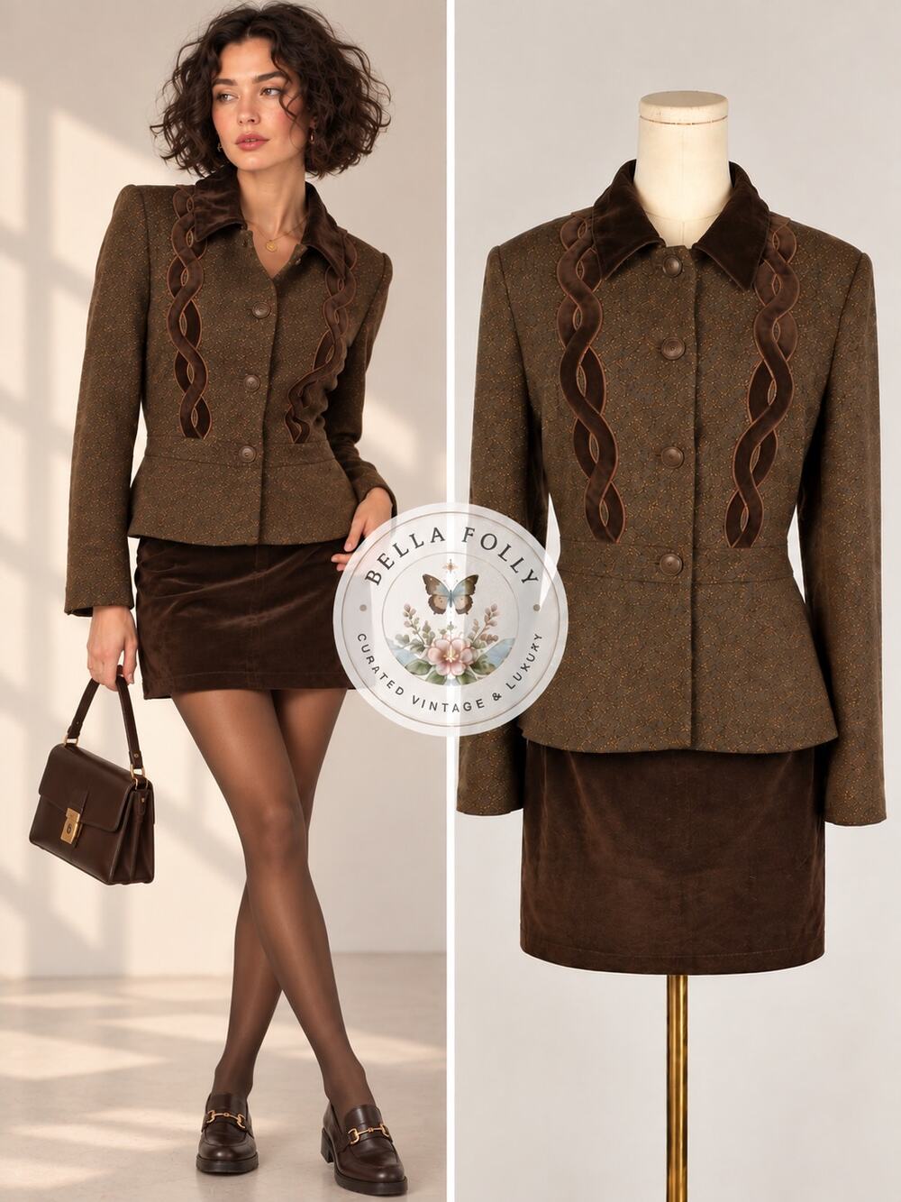 Vintage Y2K Nanette Lepore Brown Tweed Velvet Mini Skirt Suit Made in USA